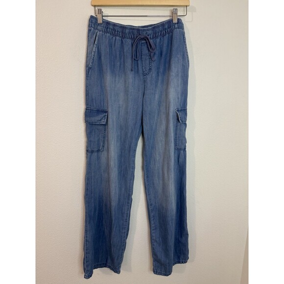 Sanctuary Cargo Pants Utility Womens M Chambray Wide Leg Pull On Blue Lyocell - Picture 1 of 7